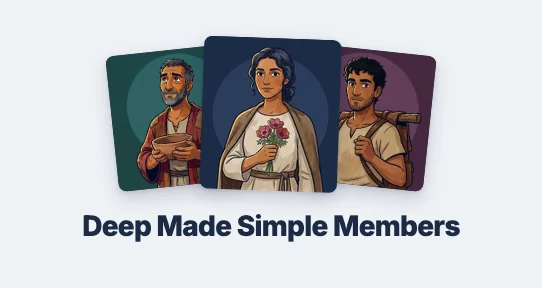Deep Made Simple Members: an older man with a bowl, a young woman holding red anemones and a young traveller, drawn on green, blue and plum cards
