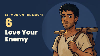 Episode 6: a young man carries a heavy pack frame on his shoulder, beside the words "Love Your Enemy"