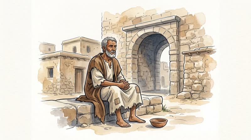 A poor man in a patched robe sits on a stone step by a village gate, an empty bowl at his feet