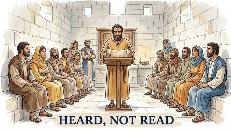 A man reads a scroll aloud to men and women seated in a synagogue, under the words 