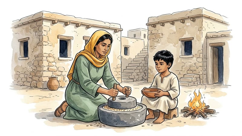 A mother grinds grain on a stone mill outside her house while her young son waits beside her with a bowl