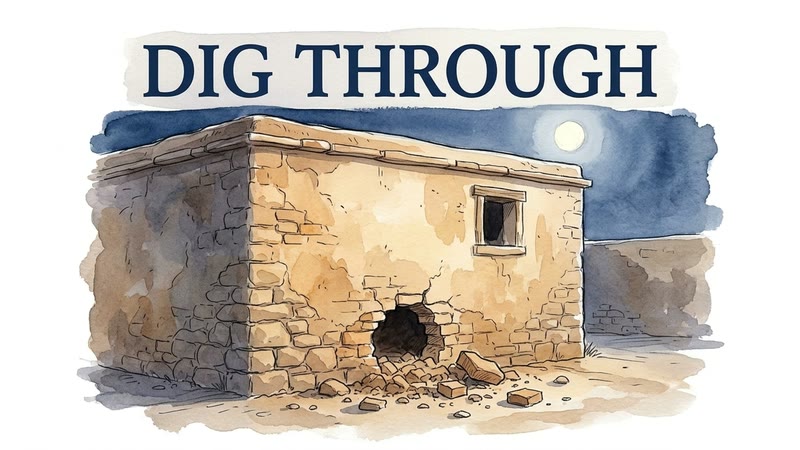 A stone house at night with a hole dug through its wall, under the words 