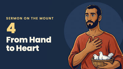 Episode 4: a man with his hand on his heart holds a basket with two doves, beside the words "From Hand to Heart"