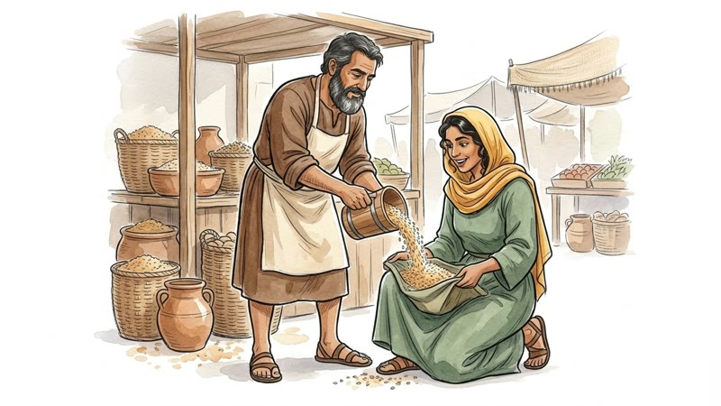 At his market stall, a grain seller pours wheat from a measure into the lap of a kneeling woman