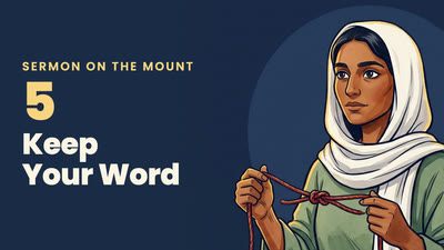 Episode 5: a woman ties a knot in a red cord, beside the words "Keep Your Word"