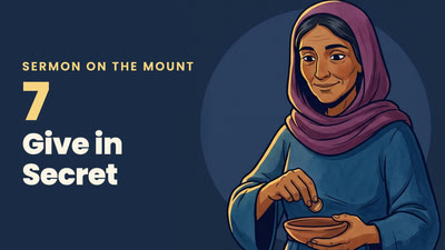 Episode 7: a woman in a purple head covering drops a coin into a bowl, beside the words "Give in Secret"