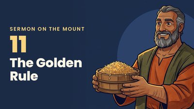 Episode 11: a grain seller holds out a measure of wheat spilling over its rim, beside the words "The Golden Rule"