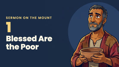 Episode 1: a poor man holds an empty bowl, beside the words "Blessed Are the Poor"