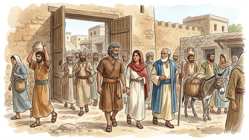 A crowd with a loaded donkey streams through a wide stone city gate