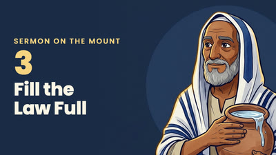 Episode 3: an old man in a prayer shawl holds a jar filled to the brim, beside the words "Fill the Law Full"